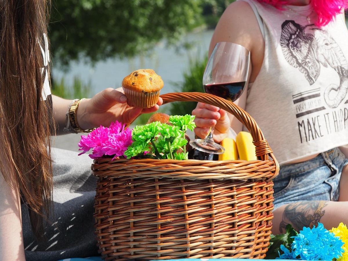 modern gift basket with wine and cheese