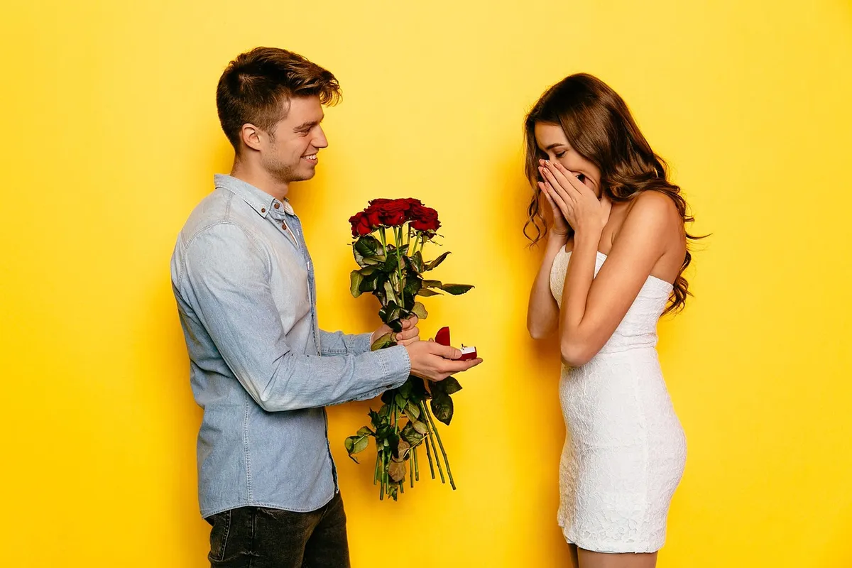 man, valentines day, woman, make proposal, ring, love, red roses, wondered, surprise, handsome, couple, gift, girlfriend, happy, together, beautiful, romantic,