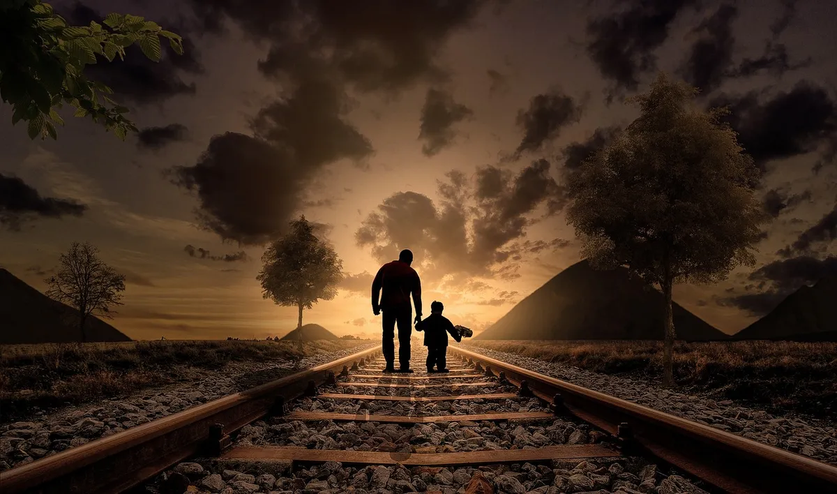 father and son, walking, railway, railroad, gravel, silhouettes, sunset, family, nature, dusk, twilight, walking together, parent, fatherhood, parenthood, love,